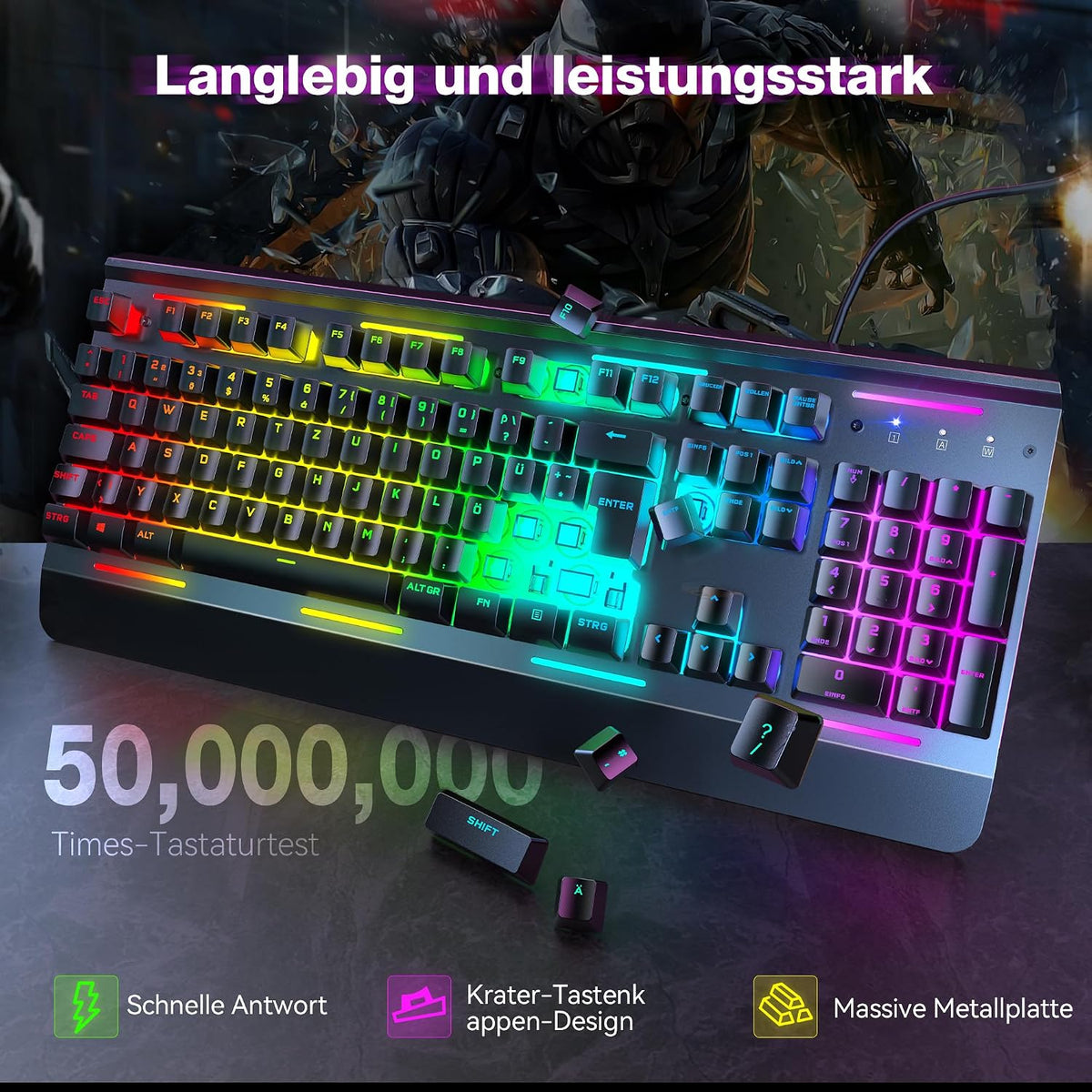 TECKNET Gaming Tastatur 105 Tasten Membrantastatur mit Vollmetall-Gehäuse
