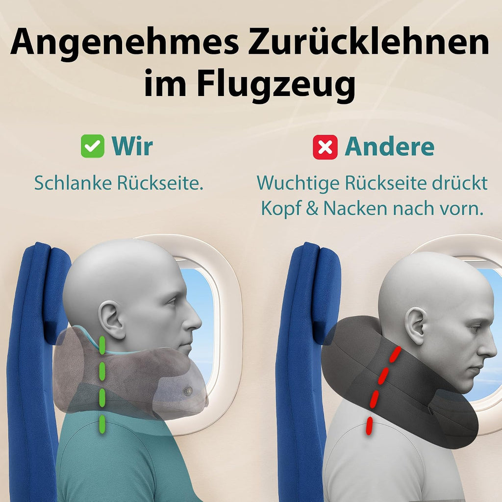FLOWZOOM Comfy Nackenkissen Flugzeug & Auto mit Kapuze - Einstellbares Memory Foam Reisekissen mit Druckknöpfen für 360° Stütze, weicher Bezug - inkl. Transportbeutel - Grau