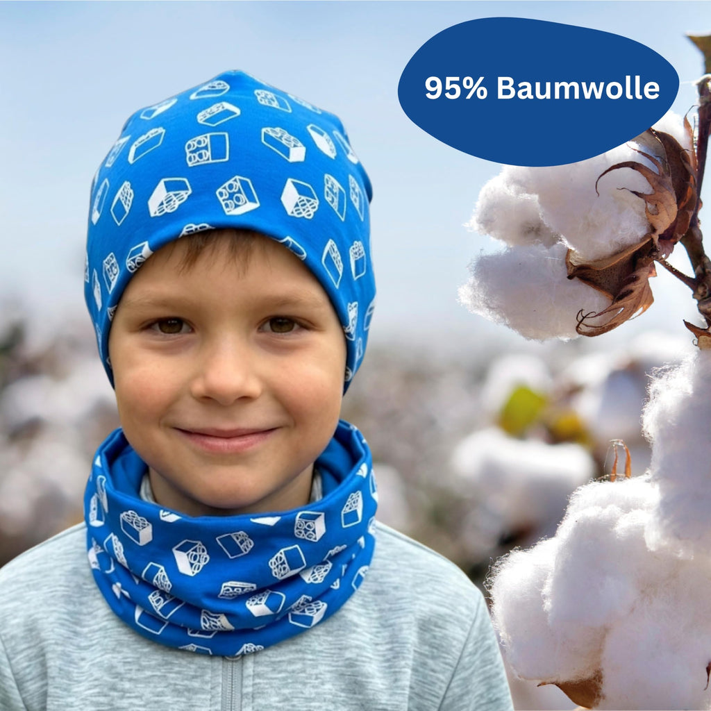 HECKBO 360° Reflektor Kinder Mütze & Loop Schal Set - 95% Baumwolle - weiches & pflegeleichtes Stretch-Material - Beanie Frühling Herbst Winter (48-54 cm)