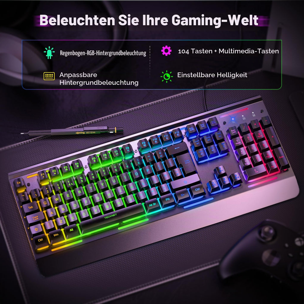 TECKNET Gaming Tastatur 105 Tasten Membrantastatur mit Vollmetall-Gehäuse