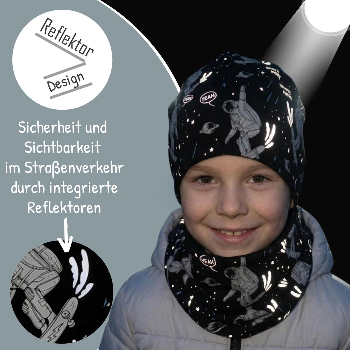 HECKBO 360° Reflektor Kinder Mütze & Loop Schal Set - 95% Baumwolle - weiches & pflegeleichtes Stretch-Material - Beanie Frühling Herbst Winter (48-54 cm)