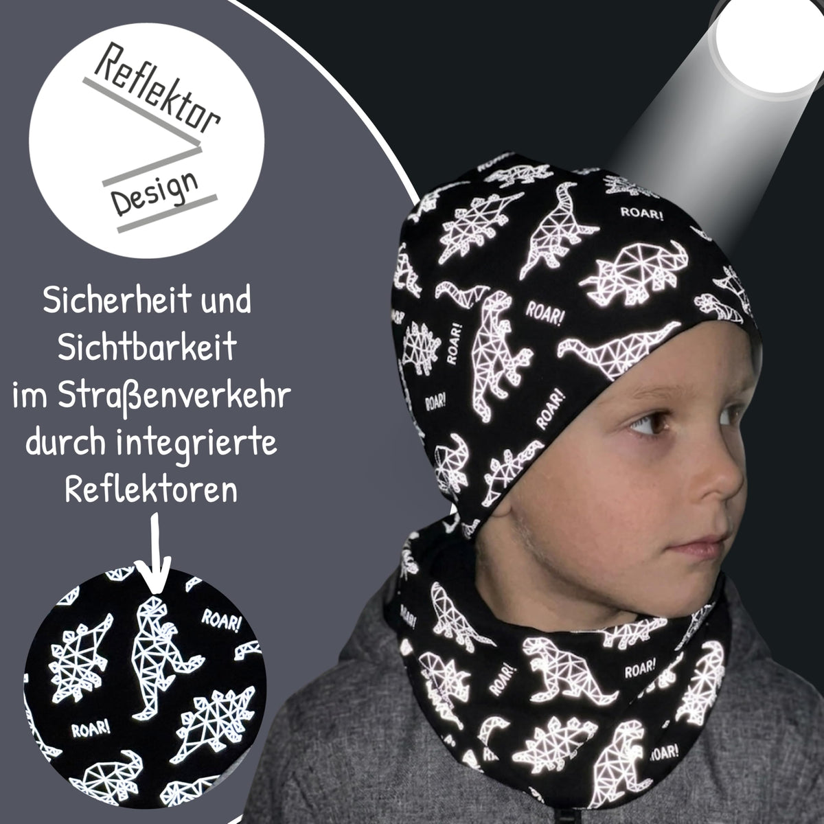 HECKBO 360° Reflektor Kinder Mütze & Loop Schal Set - 95% Baumwolle - weiches & pflegeleichtes Stretch-Material - Beanie Frühling Herbst Winter (48-54 cm)