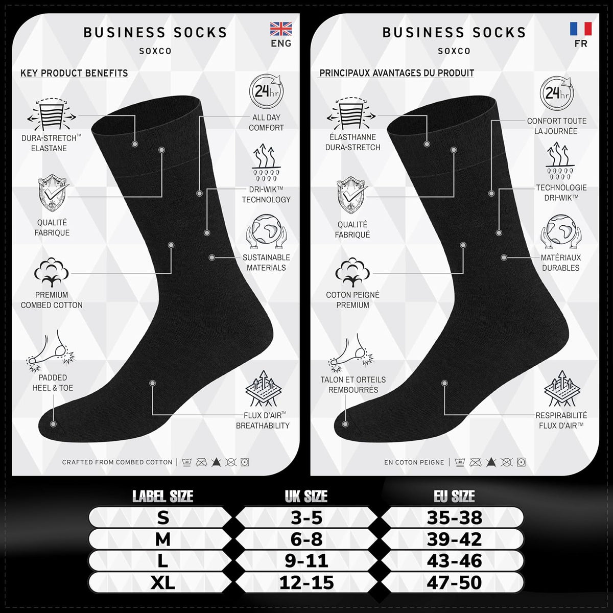 SOXCO Lot de 12 paires de chaussettes homme | Chaussettes habillées mi-mollet riches en coton | Tissu respirant idéales pour le travail et le quotidien | Noir, Blanc, Gris, Bleu Marine