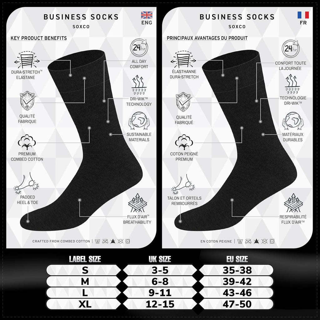 SOXCO Lot de 12 paires de chaussettes homme | Chaussettes habillées mi-mollet riches en coton | Tissu respirant idéales pour le travail et le quotidien | Noir, Blanc, Gris, Bleu Marine