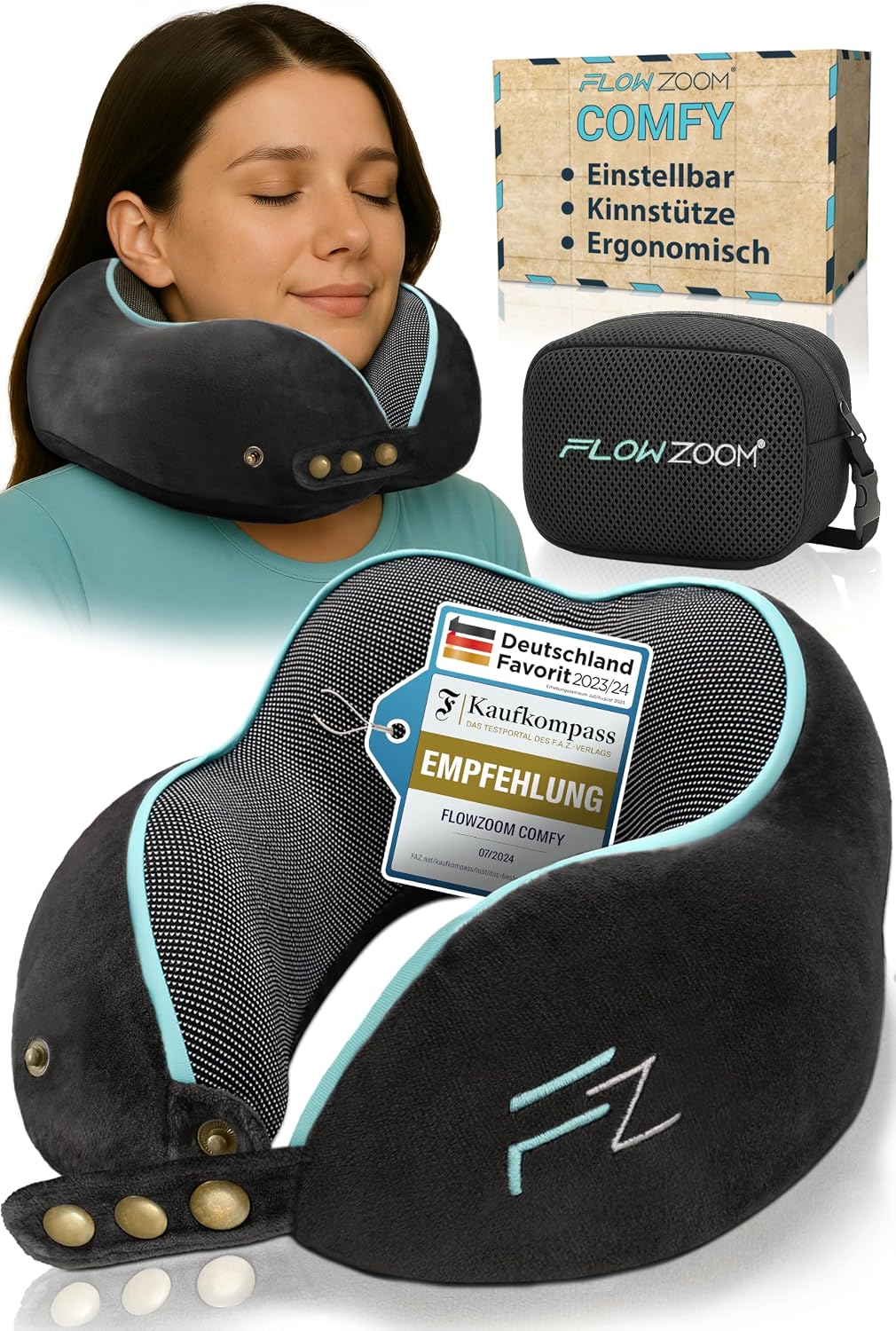 FLOWZOOM Comfy Nackenkissen Flugzeug & Auto mit Kapuze - Einstellbares Memory Foam Reisekissen mit Druckknöpfen für 360° Stütze, weicher Bezug - inkl. Transportbeutel - Grau