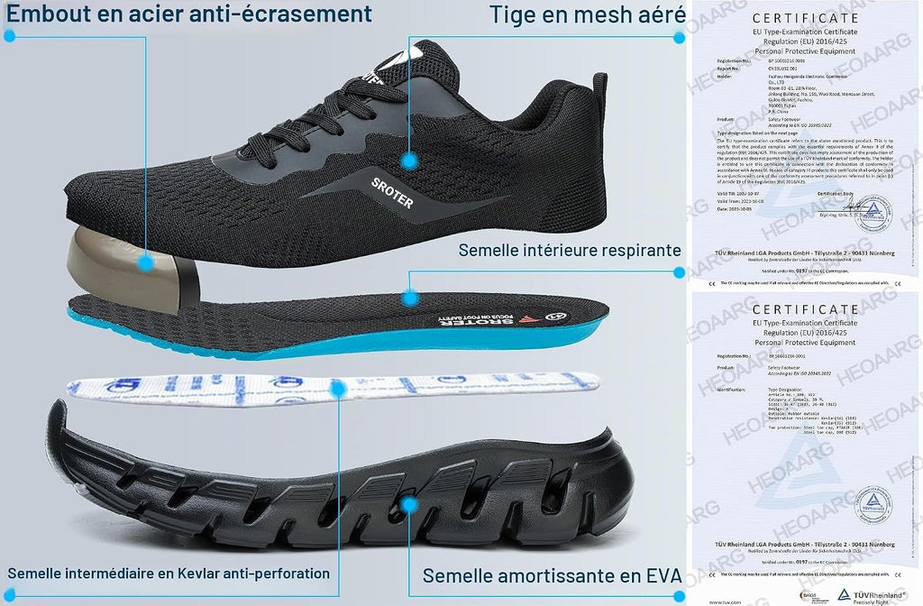 HEOAARG Chaussures de Sécurité Hommes Femme Embout Acier Chaussures de Travail Légère Respirant Antidérapante Basket Securite