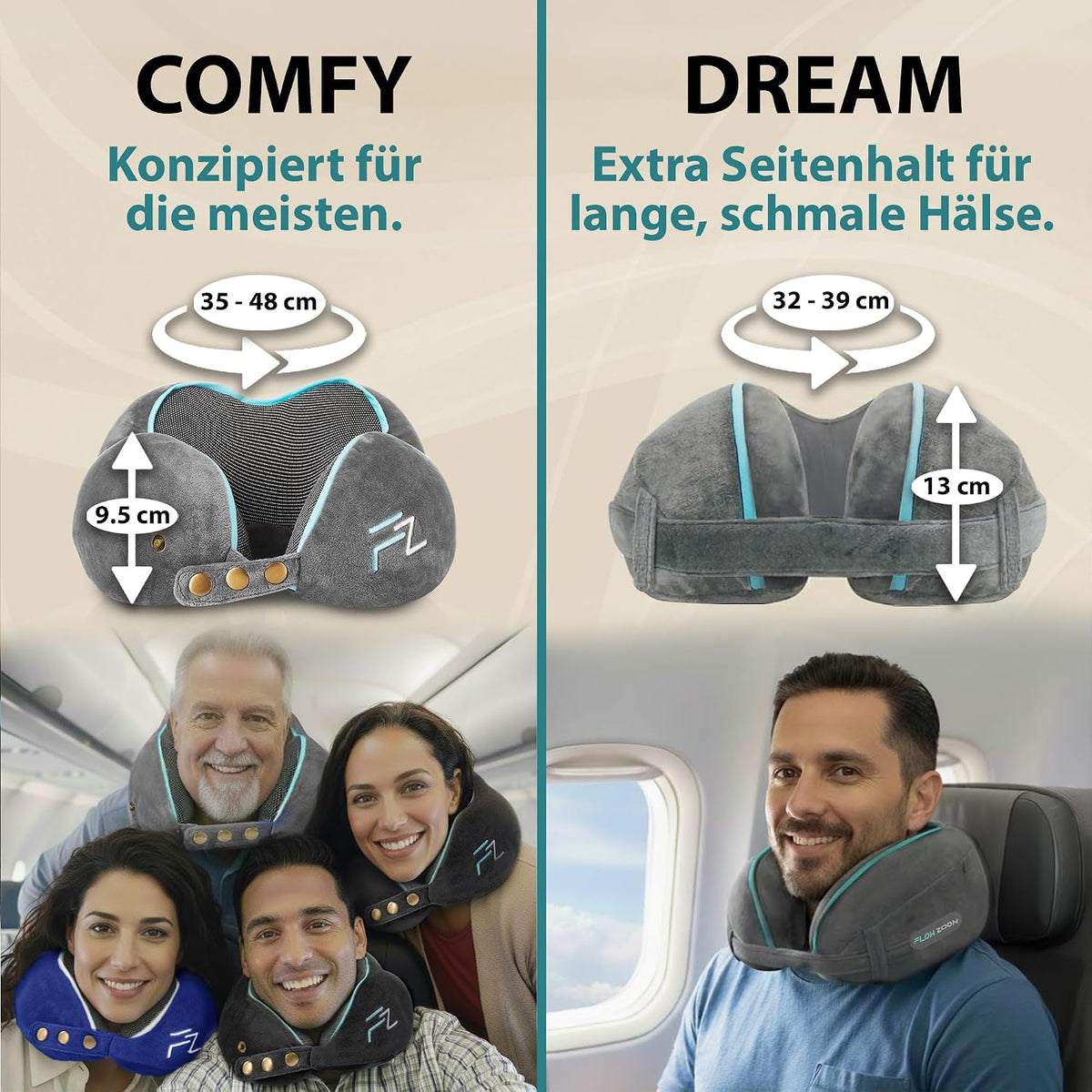 FLOWZOOM Comfy Nackenkissen Flugzeug & Auto mit Kapuze - Einstellbares Memory Foam Reisekissen mit Druckknöpfen für 360° Stütze, weicher Bezug - inkl. Transportbeutel - Grau