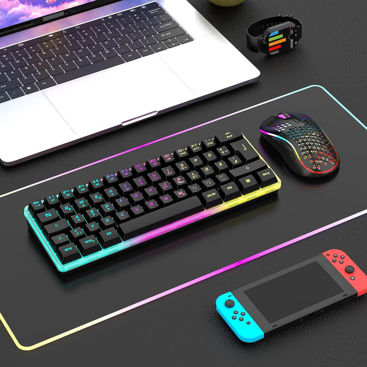 RedThunder 60% Kabelloses RGB Gaming Tastatur und Maus Set, QWERTZ DE Layout, Wiederaufladbare Funktastatur mit Ultraleichte Gaming Maus mit Wabenkonstruktion, für PC MAC PS5 Xbox Gamer, Büro.