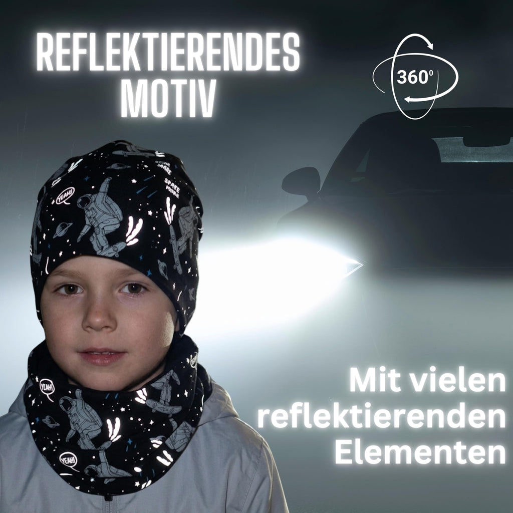 HECKBO 360° Reflektor Kinder Mütze & Loop Schal Set - 95% Baumwolle - weiches & pflegeleichtes Stretch-Material - Beanie Frühling Herbst Winter (48-54 cm)