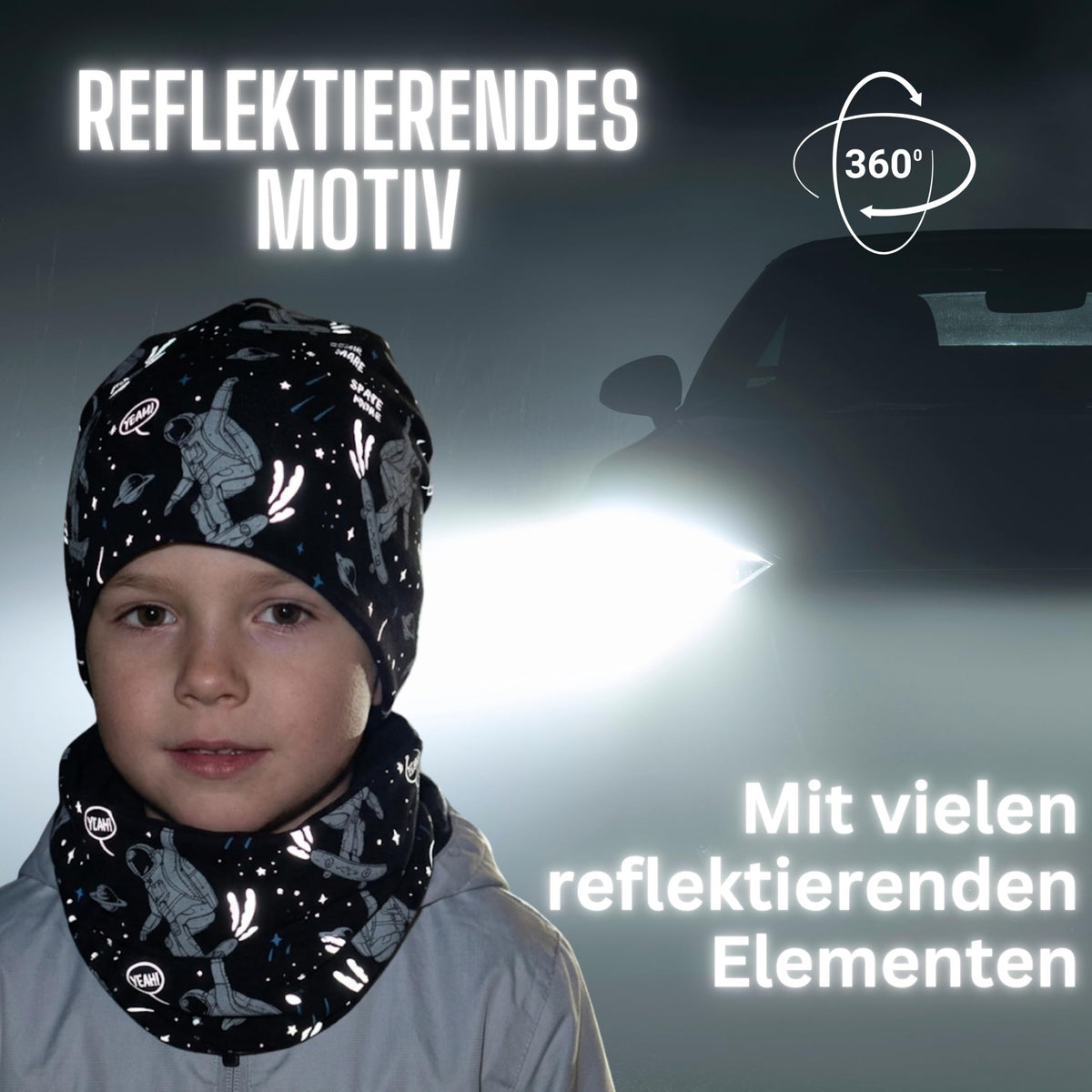 HECKBO 360° Reflektor Kinder Mütze & Loop Schal Set - 95% Baumwolle - weiches & pflegeleichtes Stretch-Material - Beanie Frühling Herbst Winter (48-54 cm)