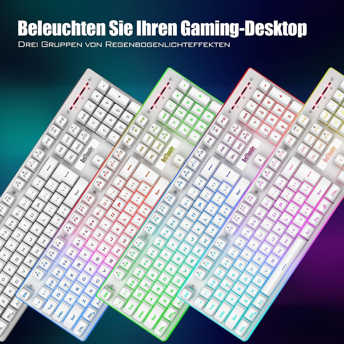 RedThunder K10 Kabelloses Gaming Tastatur und Maus Set, QWERTZ DE-Layout LED Hintergrundbeleuchtung, 3000mA Batteriekapazität und 3200 DPI für Gamer(Weiß)