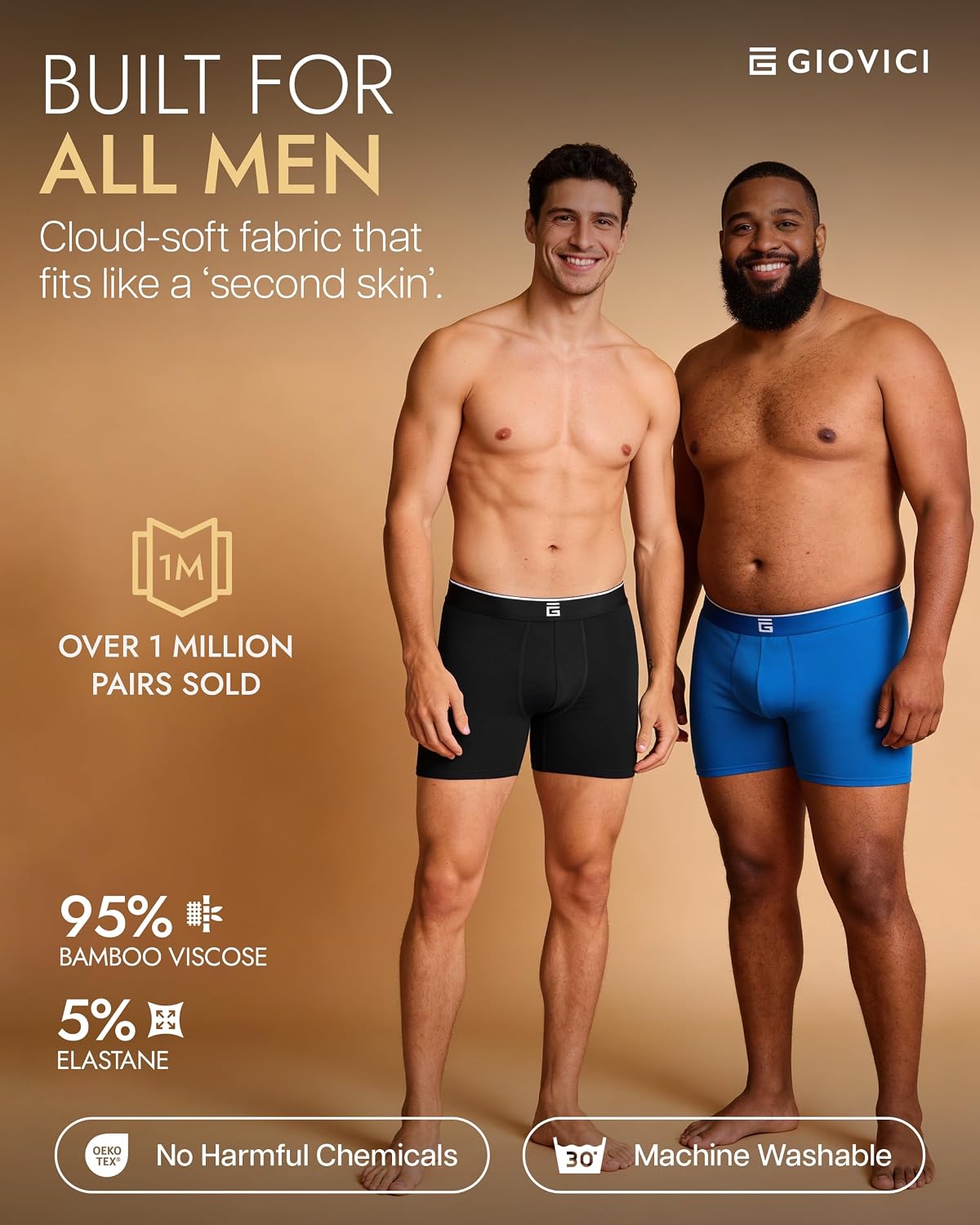 Giovici Mens Boxers Bamboo Anti Chafing Soft Comfortable Boxer Briefs Longer Leg - Boxer Shorts Multipack - Moisture Wicking Technology