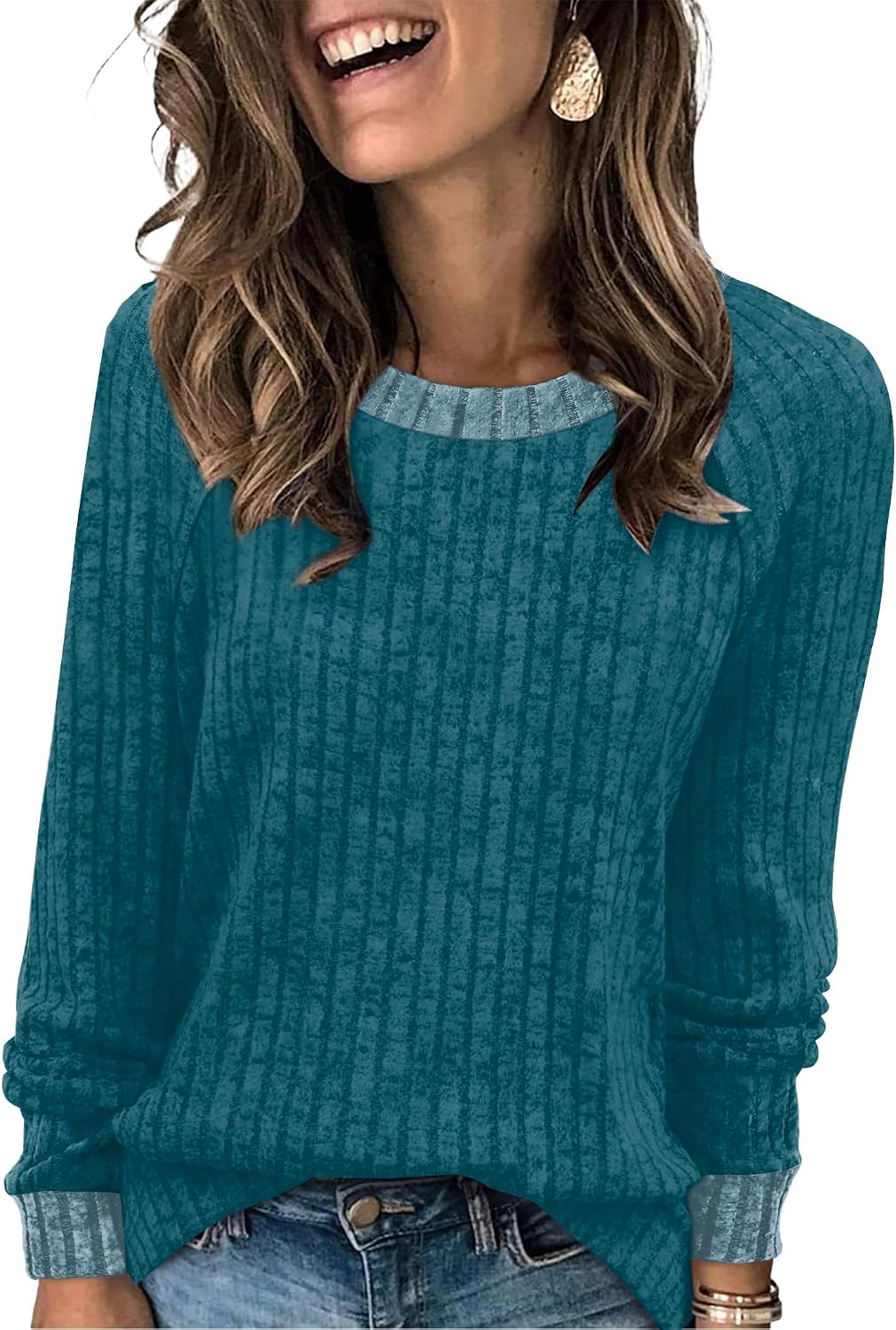 WIHOLL Langarmshirts für Damen Leichte Pullover Herbstoutfits 2026 Color-Block Winterkleidung Schick Lässig Weich