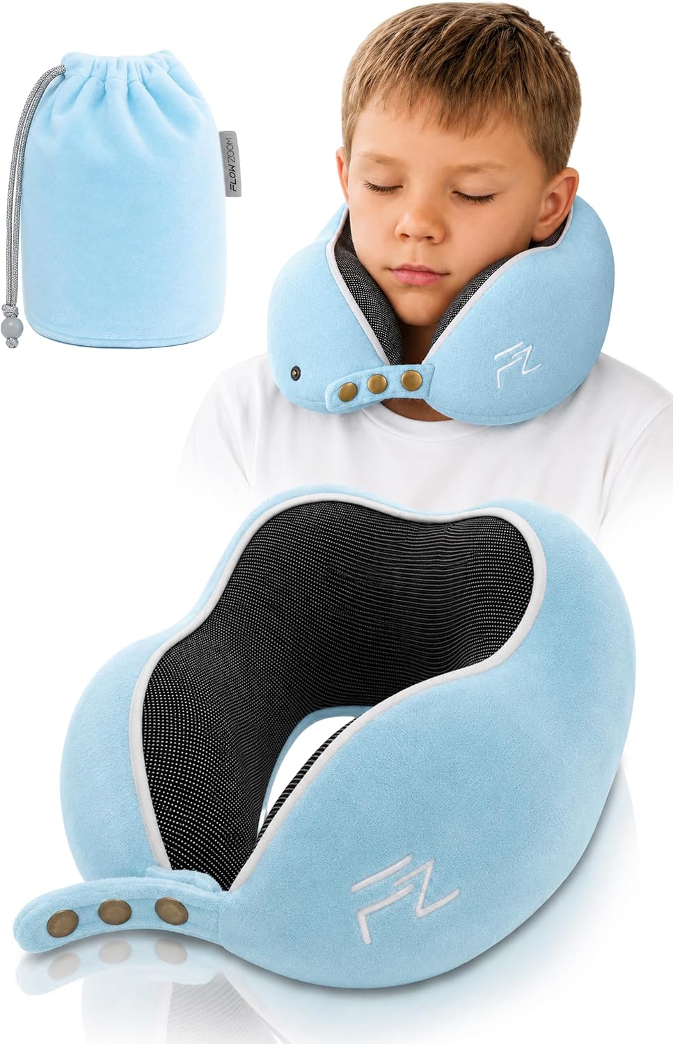 FLOWZOOM Comfy Nackenkissen Flugzeug & Auto mit Kapuze - Einstellbares Memory Foam Reisekissen mit Druckknöpfen für 360° Stütze, weicher Bezug - inkl. Transportbeutel - Grau