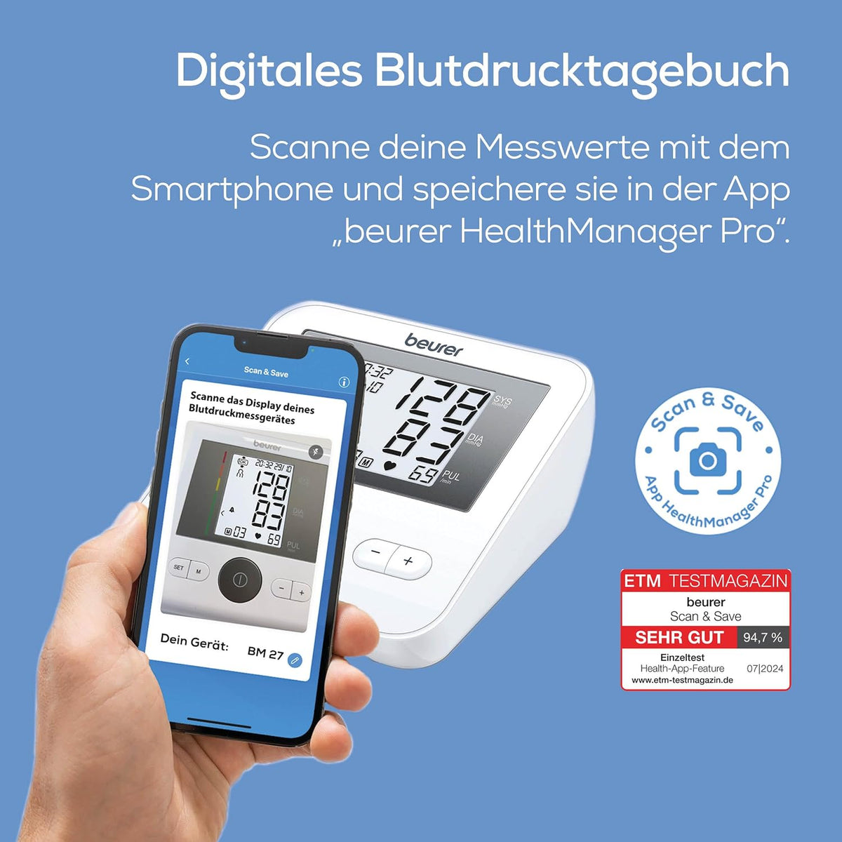Beurer BM 27 Oberarm-Blutdruckmessgerät mit Manschettensitzkontrolle, klinisch validiert, Manschette für 22-42 cm, Risikoindikator, Arrhythmie-Erkennung, Datenübertragung zu Apple Health und co.
