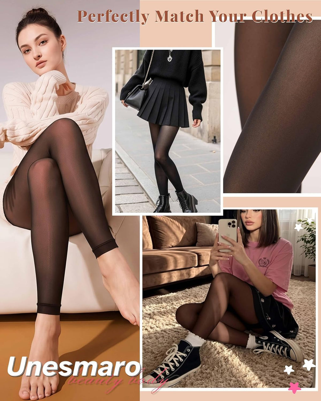 Unesmaro Womens Fleece Lined Tights, Translucent Thermal Pantyhose Leggings