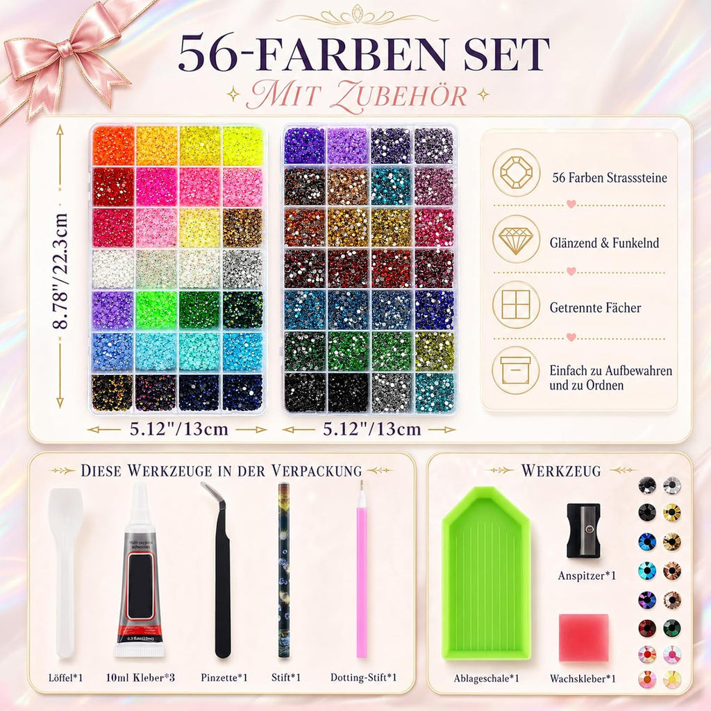 56 Farben Bedazzler Kit, 45.000 Stück 3mm Harz Strasssteine Set