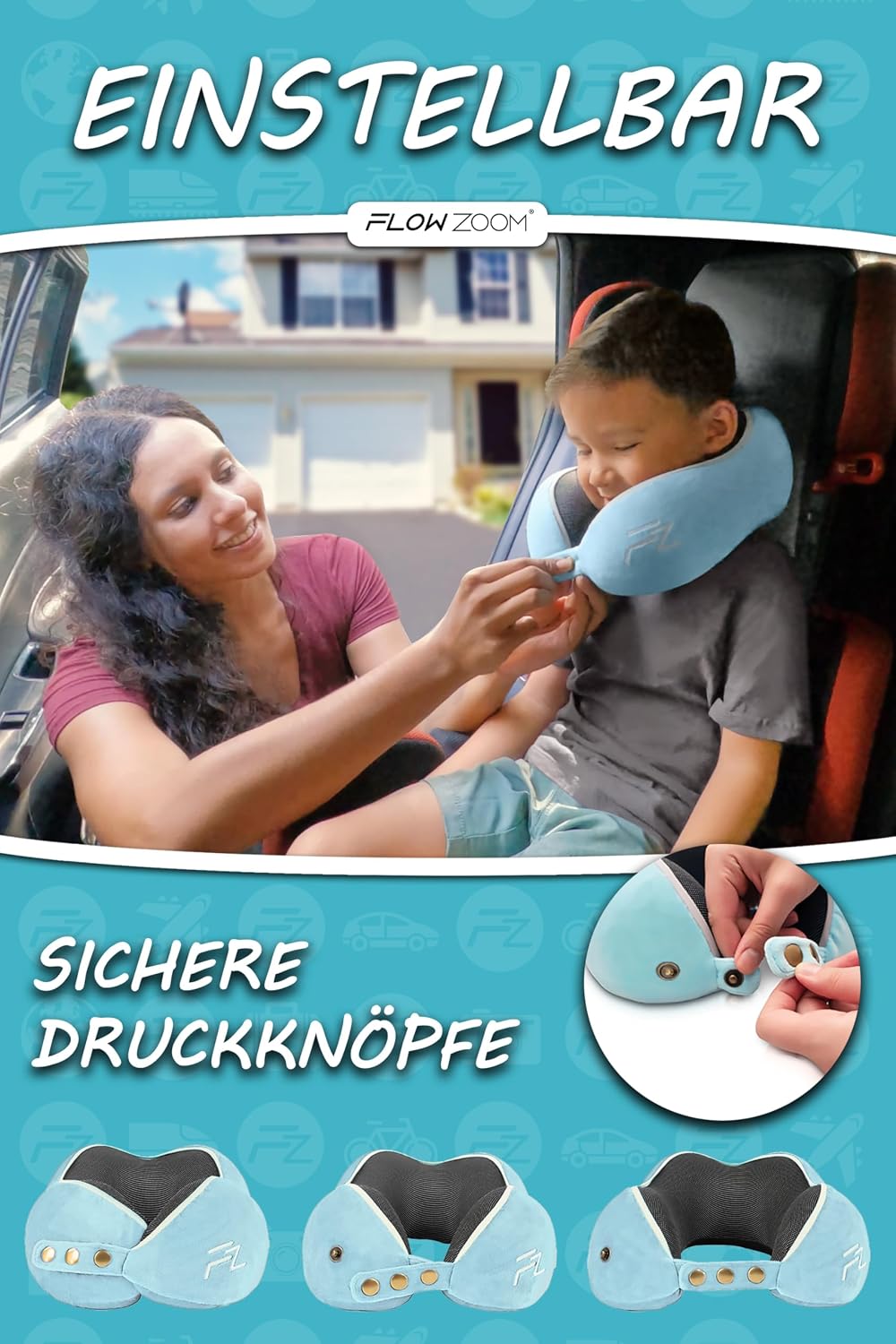 FLOWZOOM Comfy Nackenkissen Flugzeug & Auto mit Kapuze - Einstellbares Memory Foam Reisekissen mit Druckknöpfen für 360° Stütze, weicher Bezug - inkl. Transportbeutel - Grau