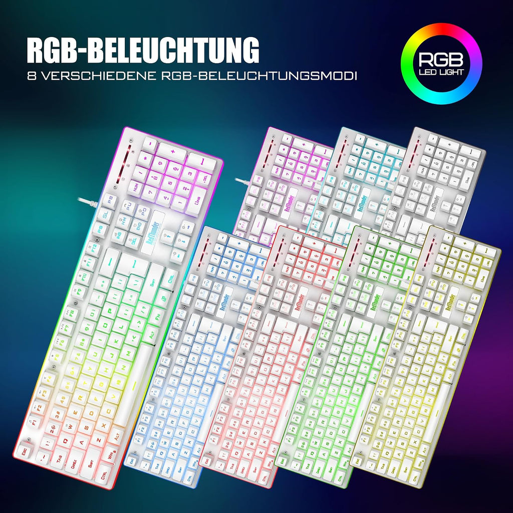 RedThunder K10 Gaming Tastatur und Maus Set, QWERTZ DE-Layout, Metallplatte und Handballenauflager，RGB-Hintergrundbeleuchtung - und 7D mit Ergonomische - für PC Mac Gamer(Weiß)