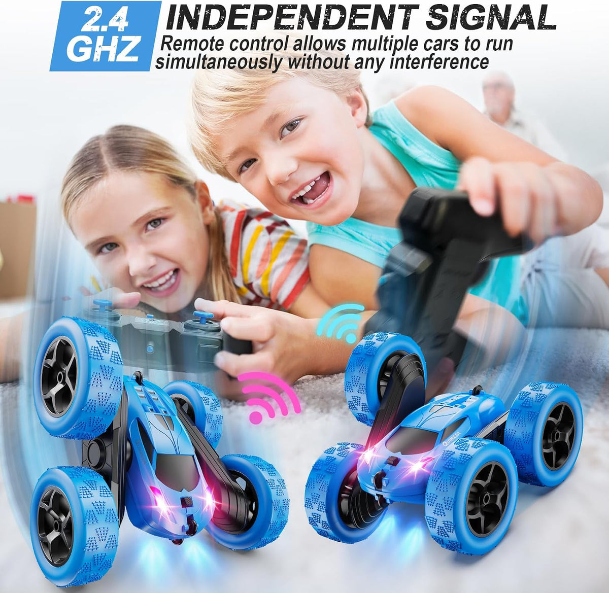 QUNREDA Remote Control Car, RC Cars Toys for Kids Ages 6-12, 4WD Stunt Car with LED Lights & 360° Flips, 2.4GHz, Upgraded USB-C Modular Batteries, 8-10 Year Old Boys Birthday Gift 1-Blue