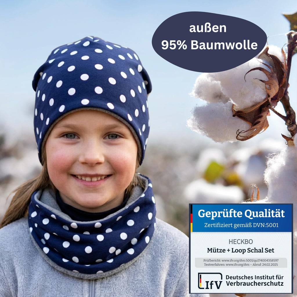 HECKBO 360° Reflektor Kinder Mütze & Loop Schal Set - 95% Baumwolle - weiches & pflegeleichtes Stretch-Material - Beanie Frühling Herbst Winter (48-54 cm)