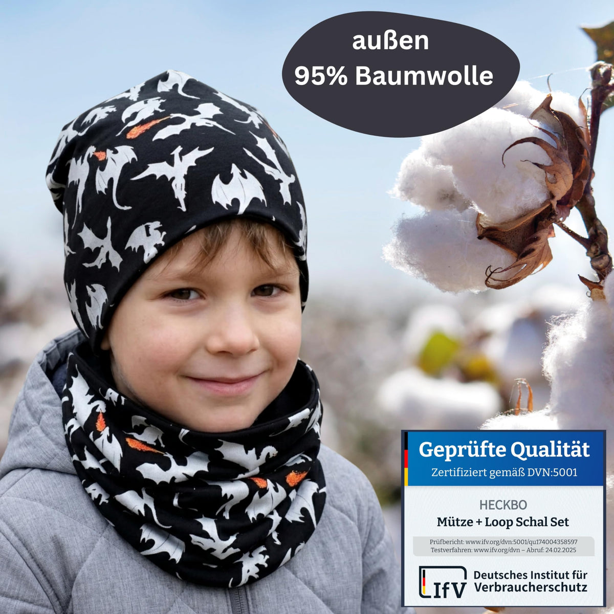HECKBO 360° Reflektor Kinder Mütze & Loop Schal Set - 95% Baumwolle - weiches & pflegeleichtes Stretch-Material - Beanie Frühling Herbst Winter (48-54 cm)