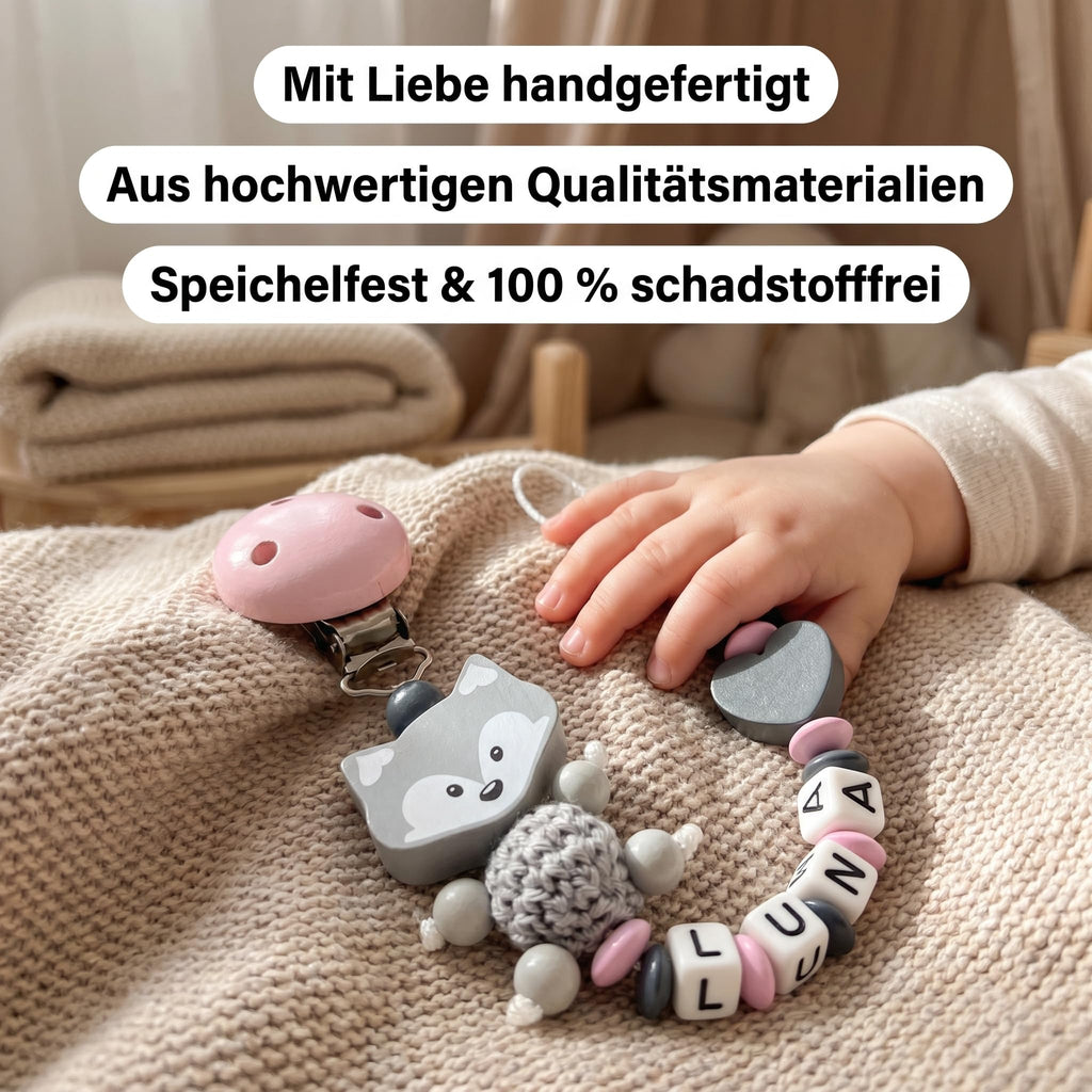 Schnullerband mit Namen für Mädchen & Jungen personalisierte Baby Geschenke (REH Herzchen)