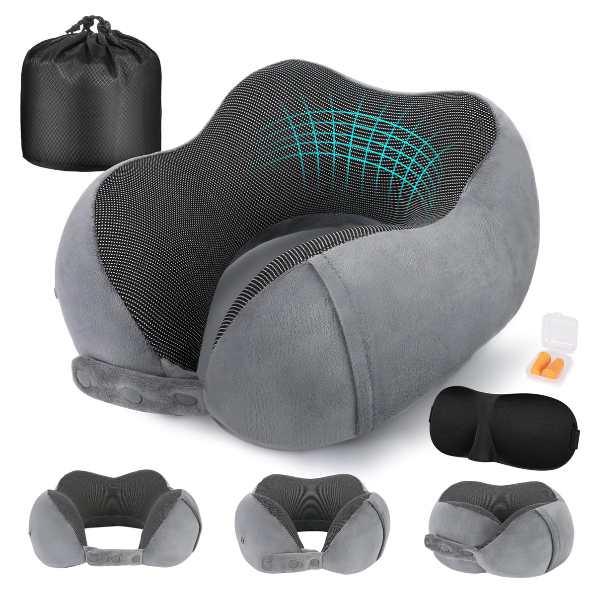 Cirorld Travel Pillow for Airplane, Neck Pillow for Travel, Memory Foam Travel Neck Pillow for Adults, Adjustable & Compact Flight Pillow, Ergonomic Neck Cushion, With Ear Plugs, Eye Mask, Carry Bag