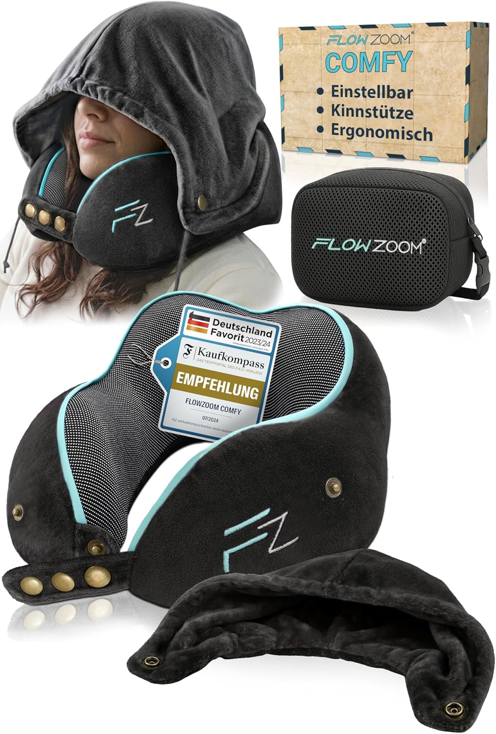 FLOWZOOM Comfy Nackenkissen Flugzeug & Auto mit Kapuze - Einstellbares Memory Foam Reisekissen mit Druckknöpfen für 360° Stütze, weicher Bezug - inkl. Transportbeutel - Grau