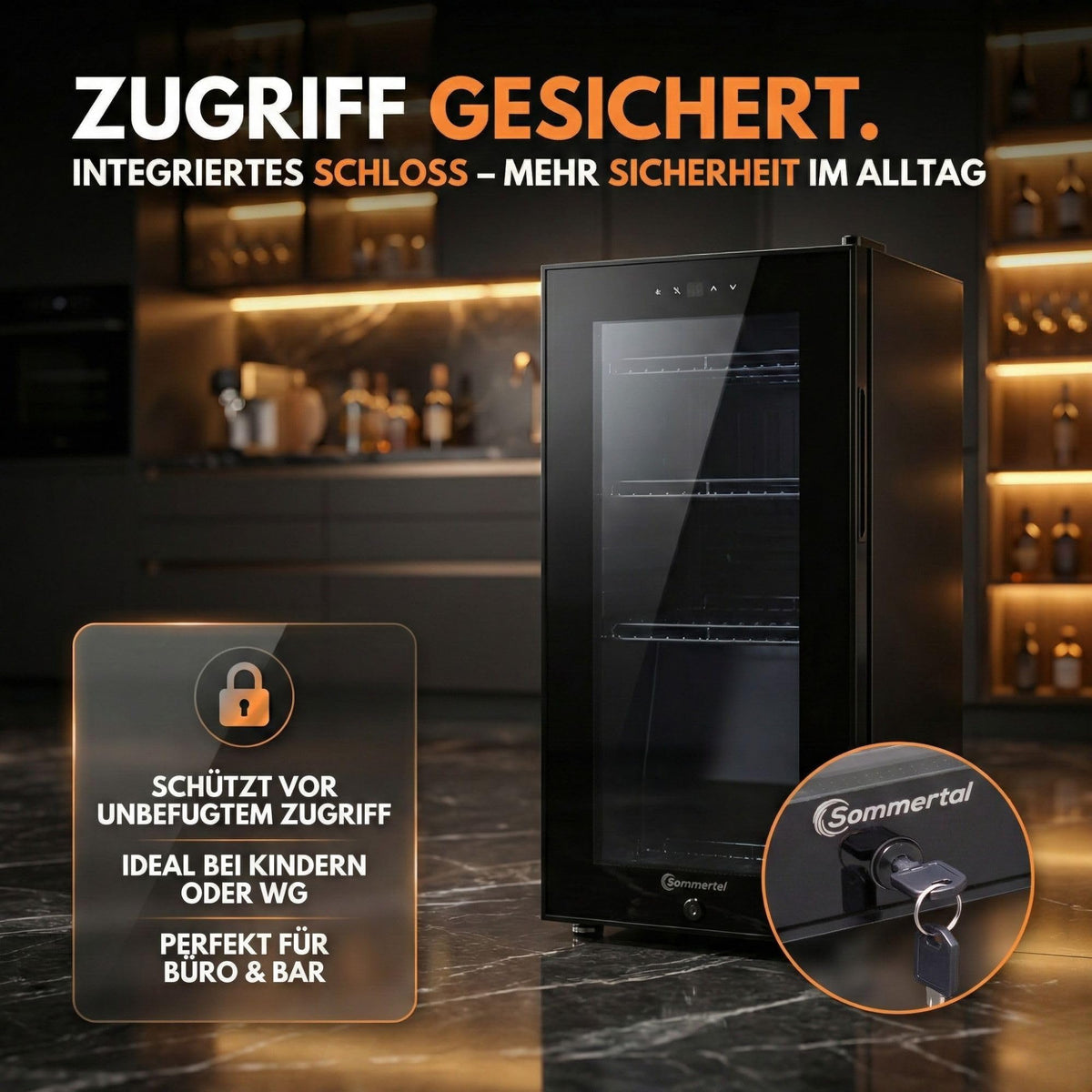 Sommertal Getränkekühlschrank 50L | Glastür, Touch, LED, abschließbar