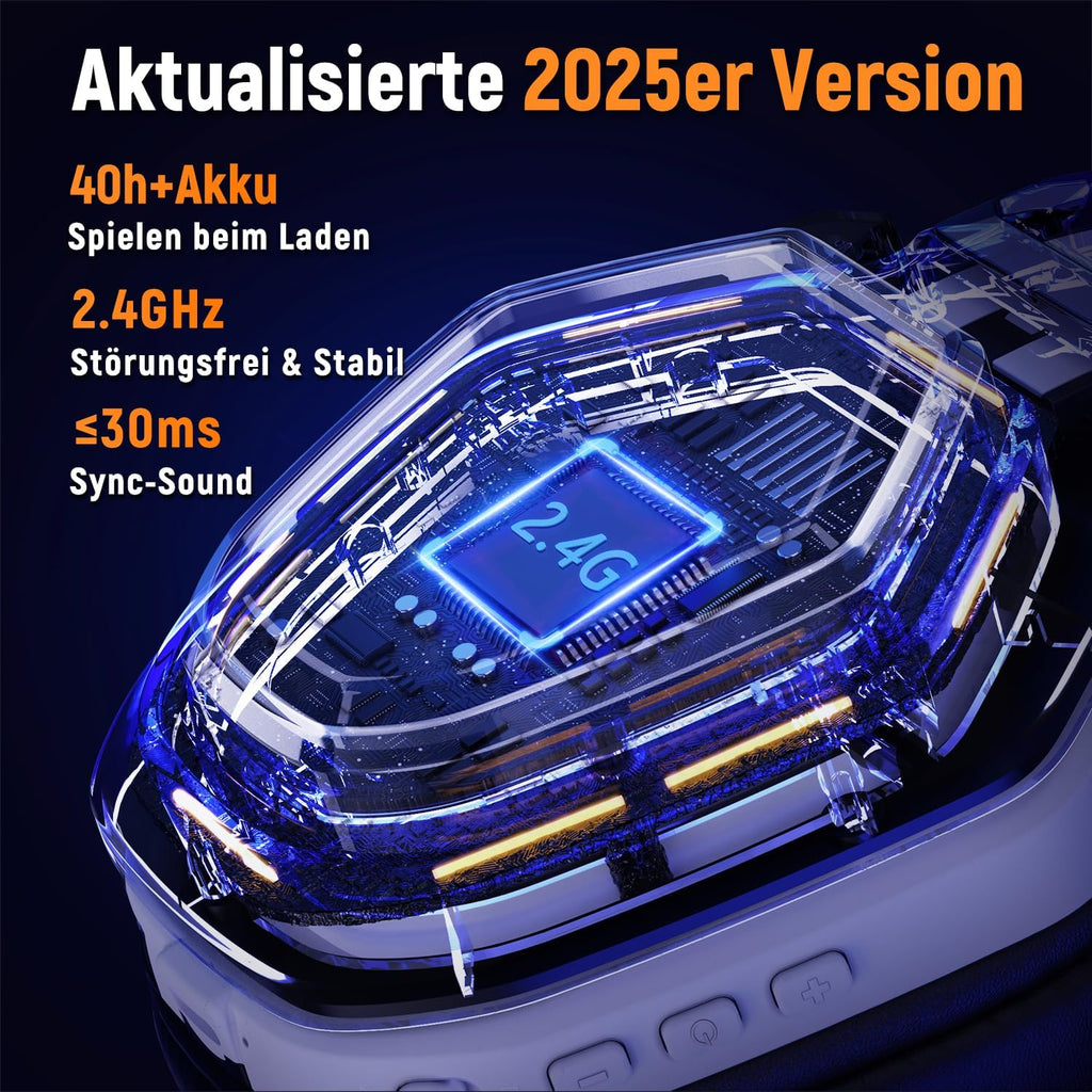 Ozeino 2.4GHz Gaming Headset Wireless mit Mikrofon Geräuschunterdrückung für Ps5/PC/Ps4/Mac, Bluetooth Headset mit RGB Licht, Gaming kopfhörer 40H+ Akkulaufzeit