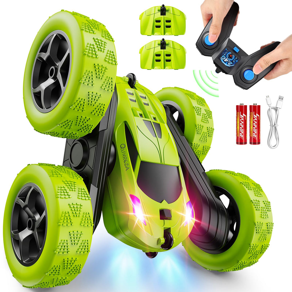 QUNREDA Remote Control Car, RC Cars Toys for Kids Ages 6-12, 4WD Stunt Car with LED Lights & 360° Flips, 2.4GHz, Upgraded USB-C Modular Batteries, 8-10 Year Old Boys Birthday Gift 1-Blue