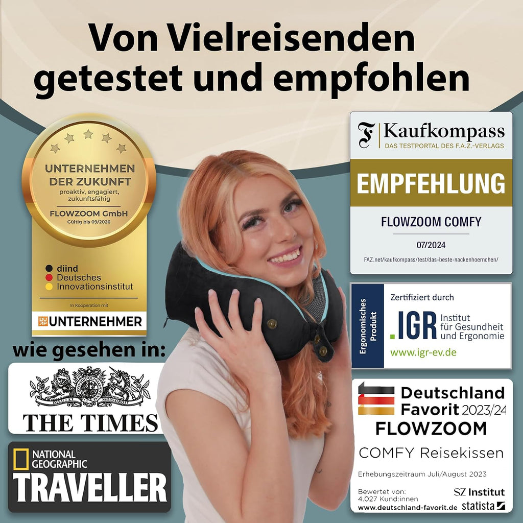 FLOWZOOM Comfy Nackenkissen Flugzeug & Auto mit Kapuze - Einstellbares Memory Foam Reisekissen mit Druckknöpfen für 360° Stütze, weicher Bezug - inkl. Transportbeutel - Grau