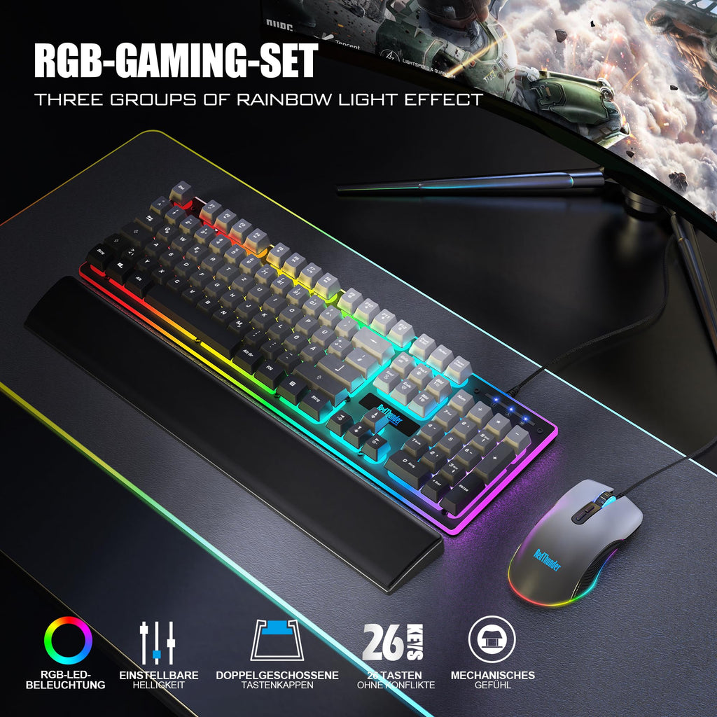 RedThunder K10 Gaming Tastatur und Maus Set, QWERTZ DE-Layout, Metallplatte und Handballenauflager，RGB-Hintergrundbeleuchtung - und 7D mit Ergonomische - für PC Mac Gamer(Weiß)