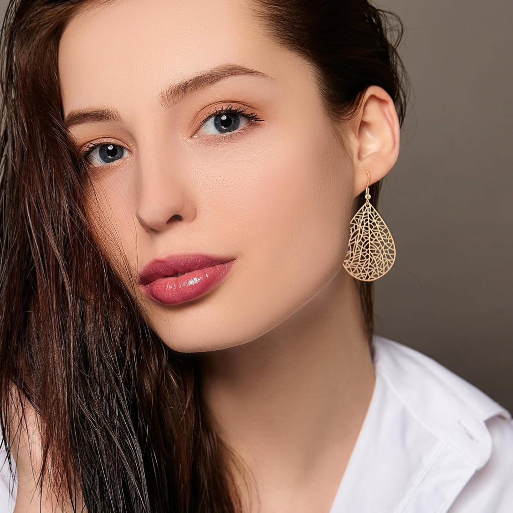 14K Gold vergoldet Blattgold Ohrringe für Frauen, Silber Ohrringe Hängend Damen mit Anhänger Tropfenform, Wassertropfen Schmuck für Geschenk