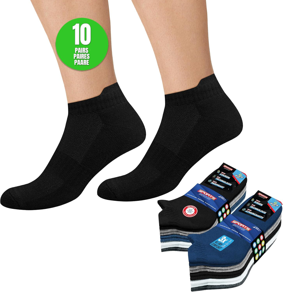 SOXCO Chaussettes Homme Femme Sport Socquettes Basses Courtes - Lot de 10 Paires