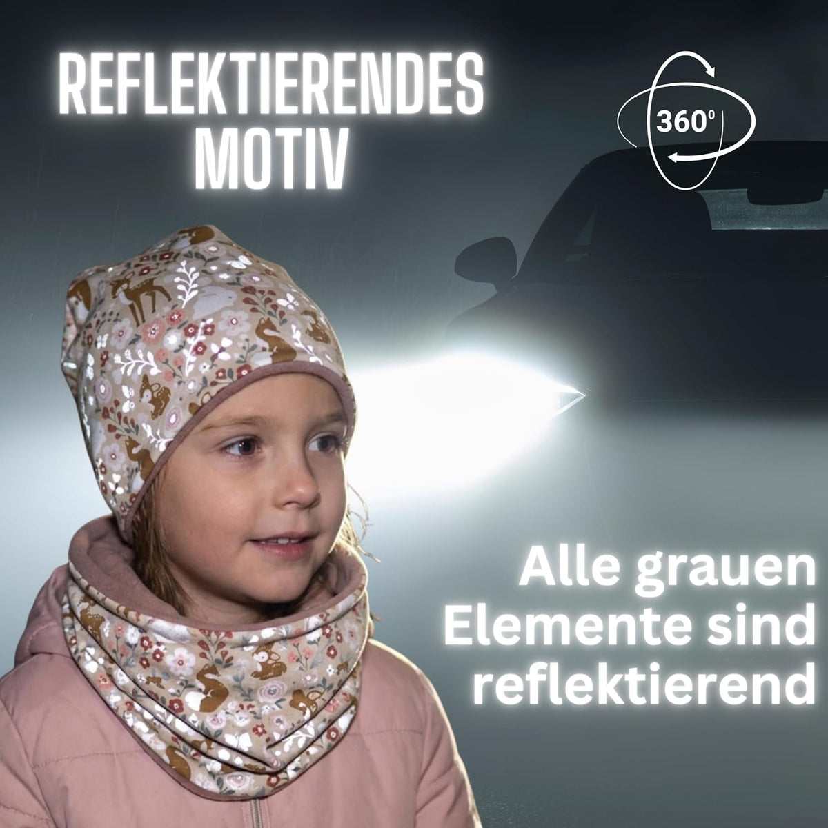 HECKBO 360° Reflektor Kinder Mütze & Loop Schal Set - 95% Baumwolle - weiches & pflegeleichtes Stretch-Material - Beanie Frühling Herbst Winter (48-54 cm)