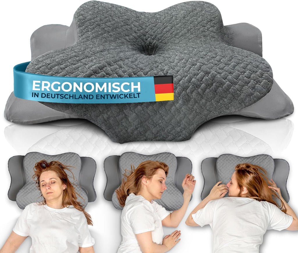 Glückstoff® Ergonomisches Kissen (für alle Schlaftypen) Kopfkissen aus Memory Foam | Nackenstützkissen Ergonomisches Kopfkissen Seitenschläferkissen Grau