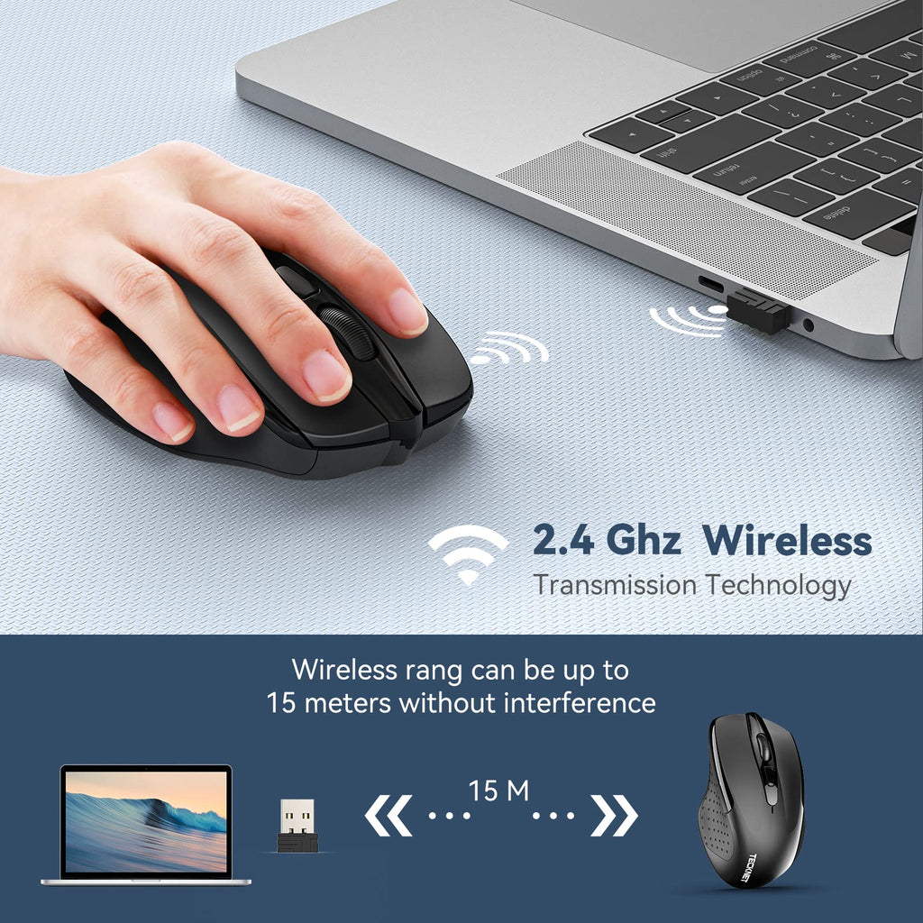 TECKNET Kabellose Maus, 2.4G Optische Funkmaus mit USB Empfänger, Grau