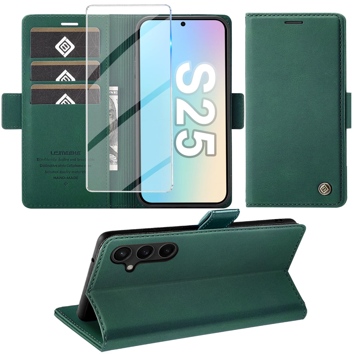 Giyer Handyhülle für Samsung Galaxy S24 5G Hülle mit Schutzfolie, Schutzhülle Galaxy S24 5G PU-Leder Wallet Flip Case Standfunktion Kartenfach Klapphülle für Samsung S24 5G Full Cover (Grün)