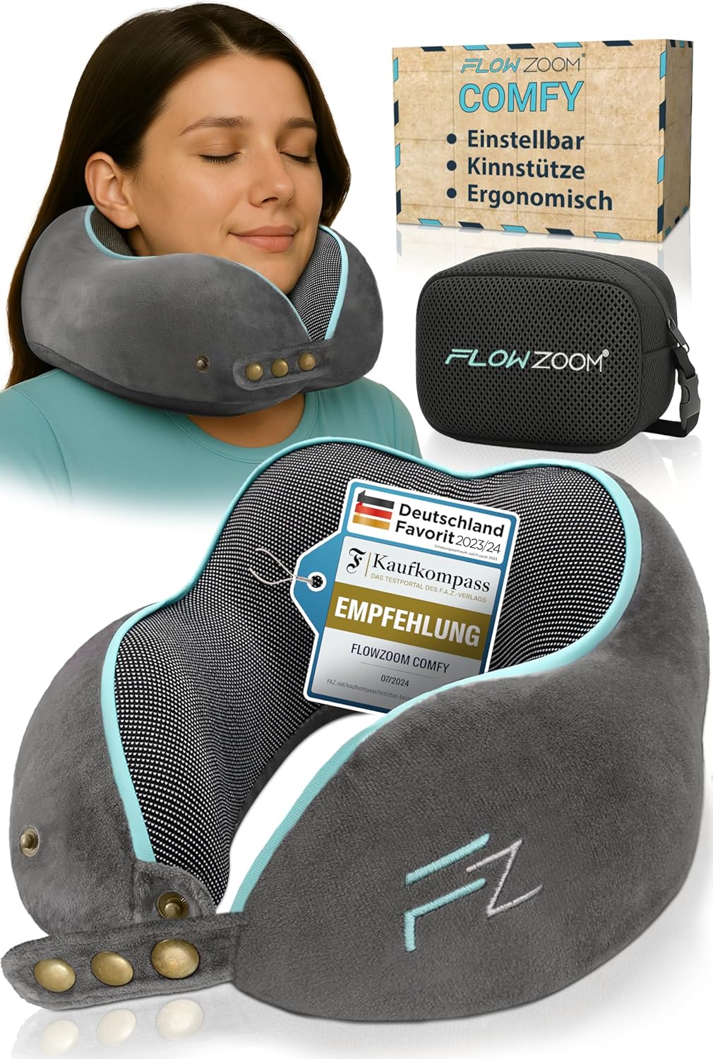 FLOWZOOM Comfy Nackenkissen Flugzeug & Auto mit Kapuze - Einstellbares Memory Foam Reisekissen mit Druckknöpfen für 360° Stütze, weicher Bezug - inkl. Transportbeutel - Grau