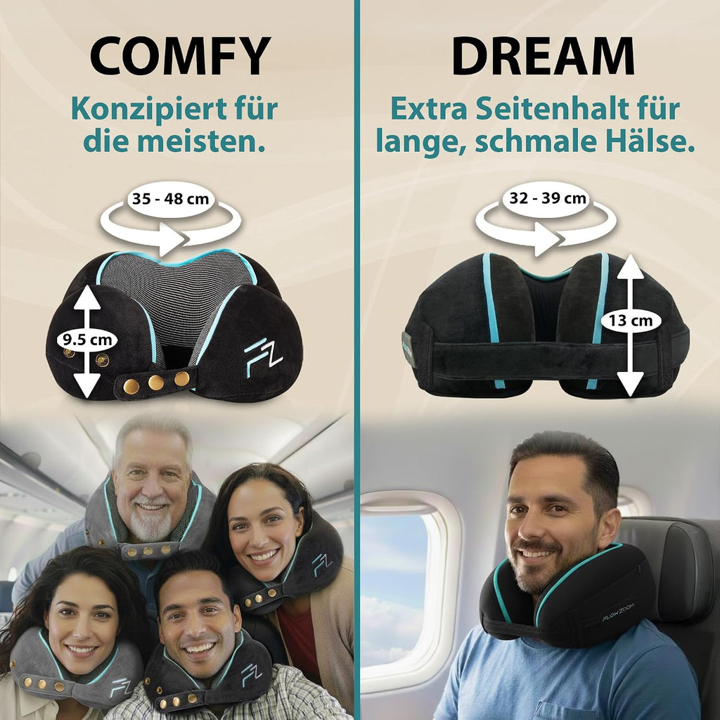 FLOWZOOM Comfy Nackenkissen Flugzeug & Auto mit Kapuze - Einstellbares Memory Foam Reisekissen mit Druckknöpfen für 360° Stütze, weicher Bezug - inkl. Transportbeutel - Grau