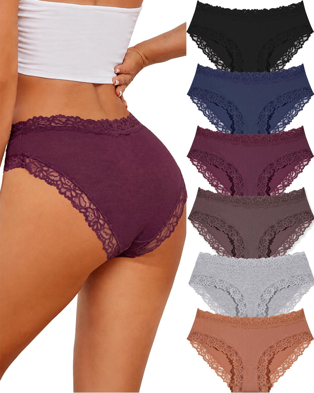 ALL OF SHE 6er-Pack Damen-Unterwäsche aus Baumwolle, Slips mit Spitze, weiche Hipster, sexy Unterhosen im Multipack