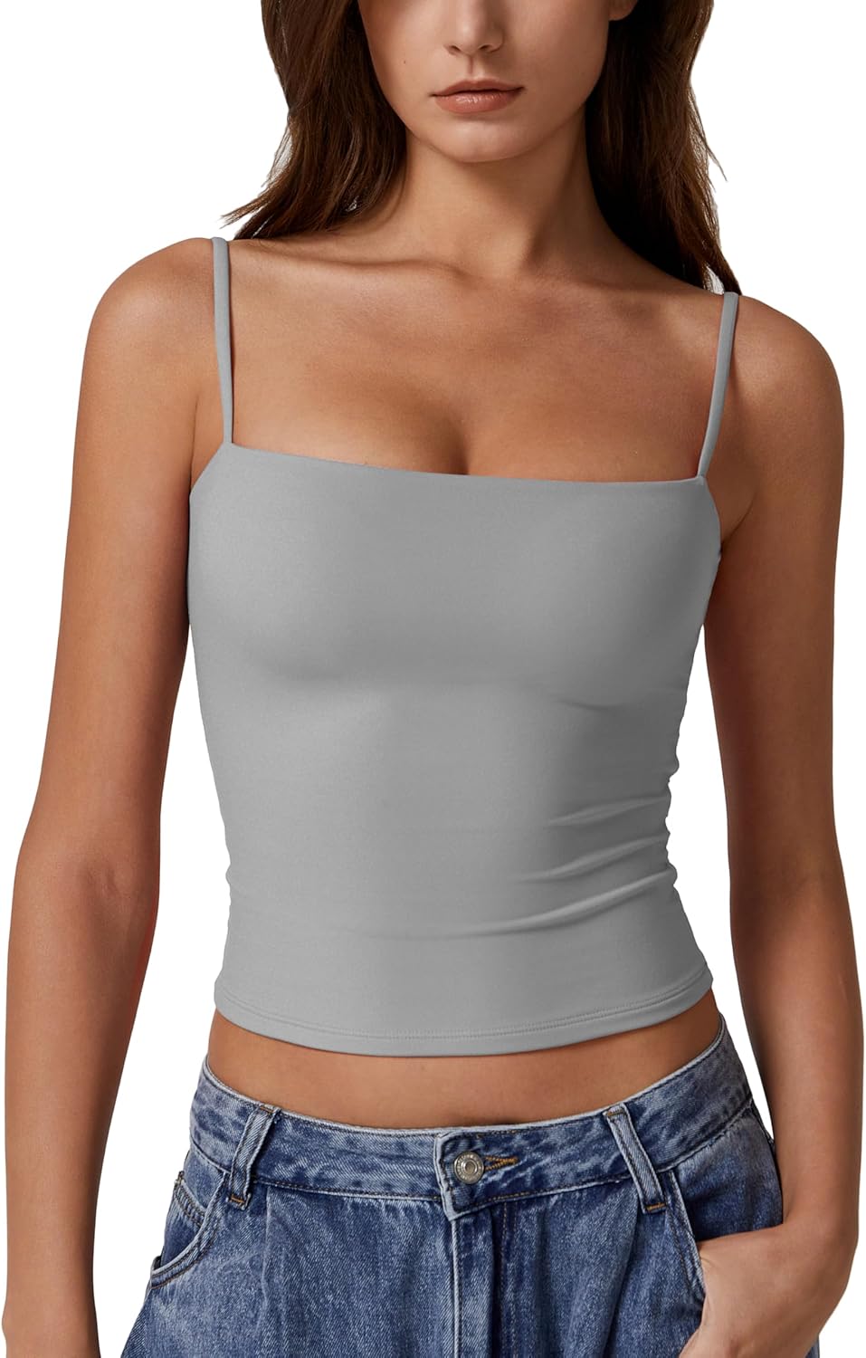 QINSEN Women's Double Lined Basic Tank Top Adjustable Spaghetti Straps Sleeveless Camisole Shirts