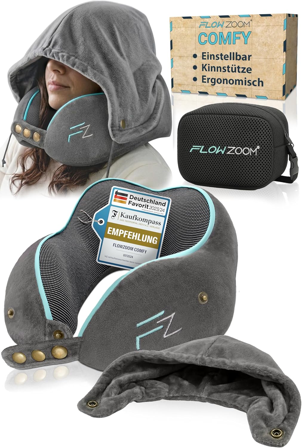 FLOWZOOM Comfy Nackenkissen Flugzeug & Auto mit Kapuze - Einstellbares Memory Foam Reisekissen mit Druckknöpfen für 360° Stütze, weicher Bezug - inkl. Transportbeutel - Grau