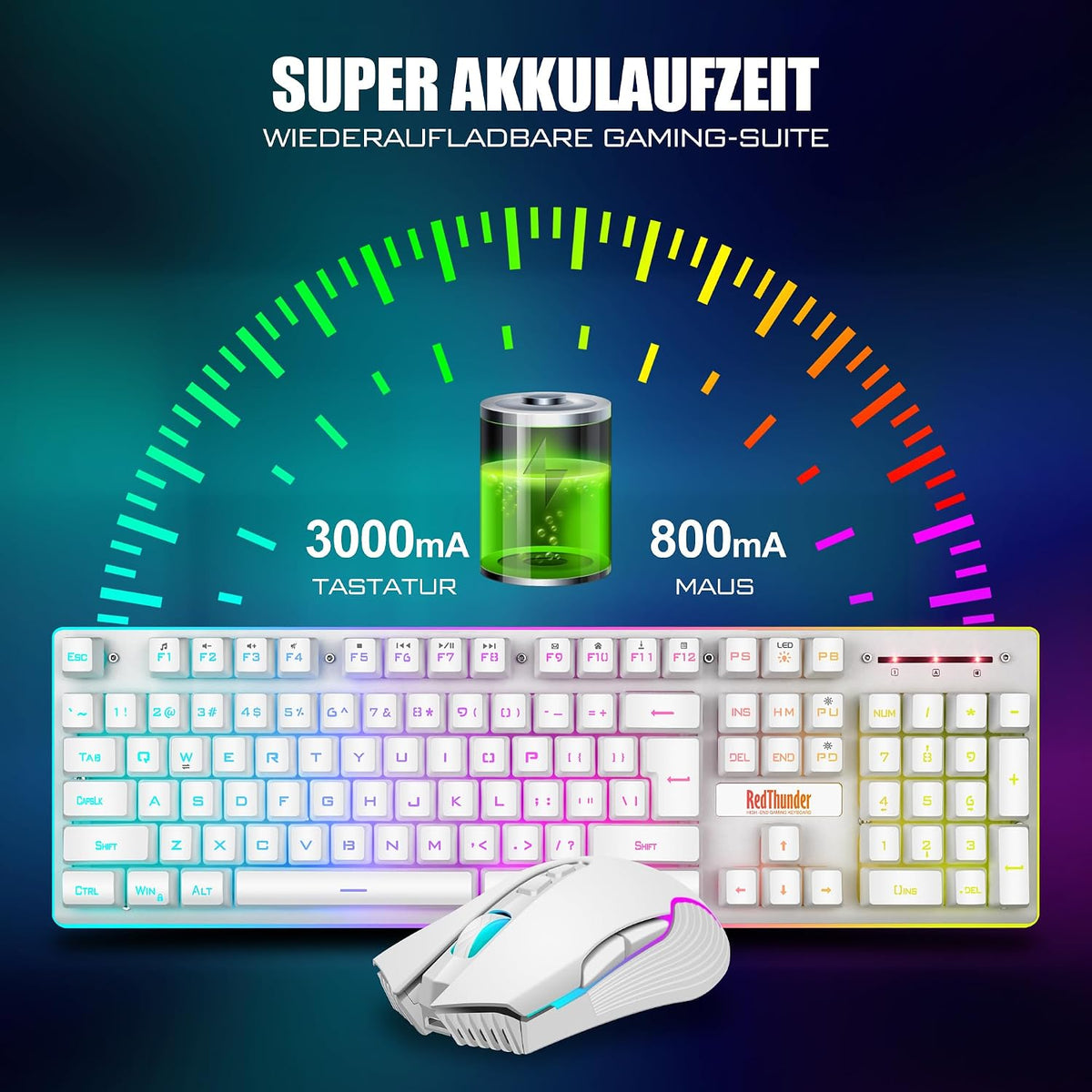 RedThunder K10 Kabelloses Gaming Tastatur und Maus Set, QWERTZ DE-Layout LED Hintergrundbeleuchtung, 3000mA Batteriekapazität und 3200 DPI für Gamer(Weiß)