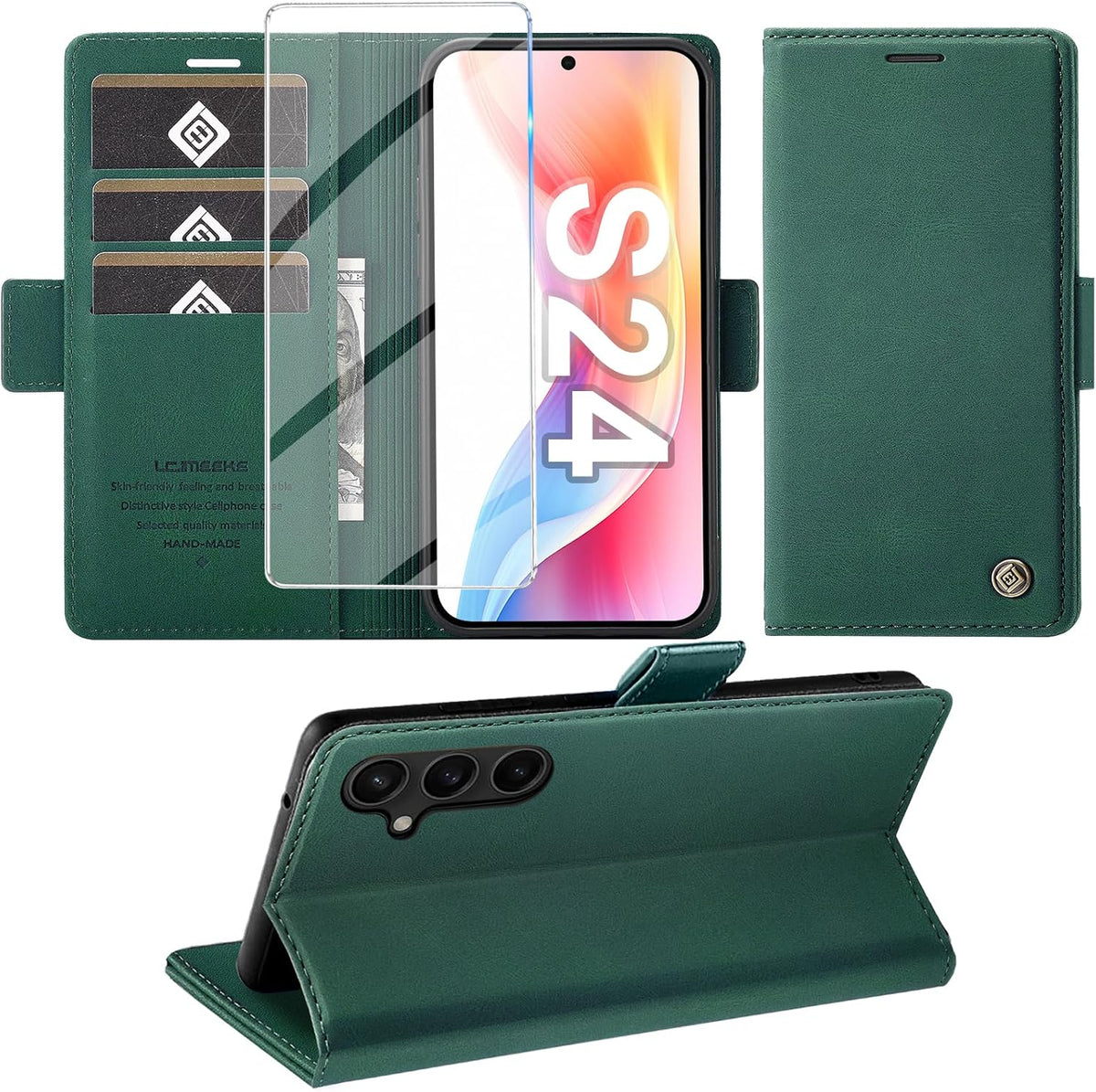 Giyer Handyhülle für Samsung Galaxy S24 5G Hülle mit Schutzfolie, Schutzhülle Galaxy S24 5G PU Leder Wallet Flip Case Standfunktion Kartenfach Klapphülle für Samsung S24 Ultra Full Cover (Grün)