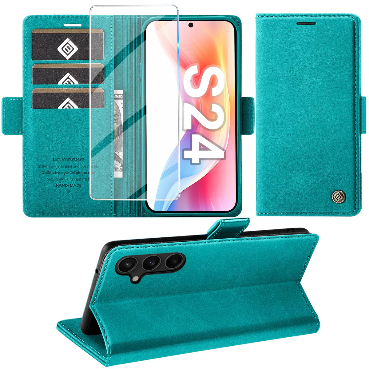 Giyer Handyhülle für Samsung Galaxy S24 5G Hülle mit Schutzfolie, Schutzhülle Galaxy S24 5G PU-Leder Wallet Flip Case Standfunktion Kartenfach Klapphülle für Samsung S24 5G Full Cover (Grün)