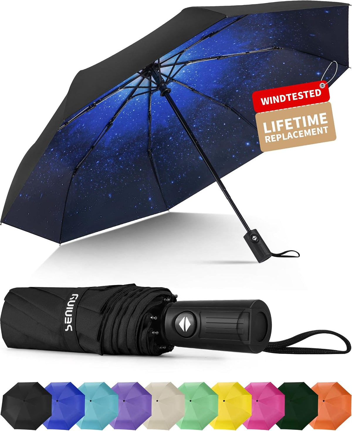 Seniny Windproof Travel Umbrella, Automatic Umbrellas for Rain, Portable & Compact Umbrellas for Backpack, Strong UV for Protection, Folding Small Sun Umbrella for Car, Walking