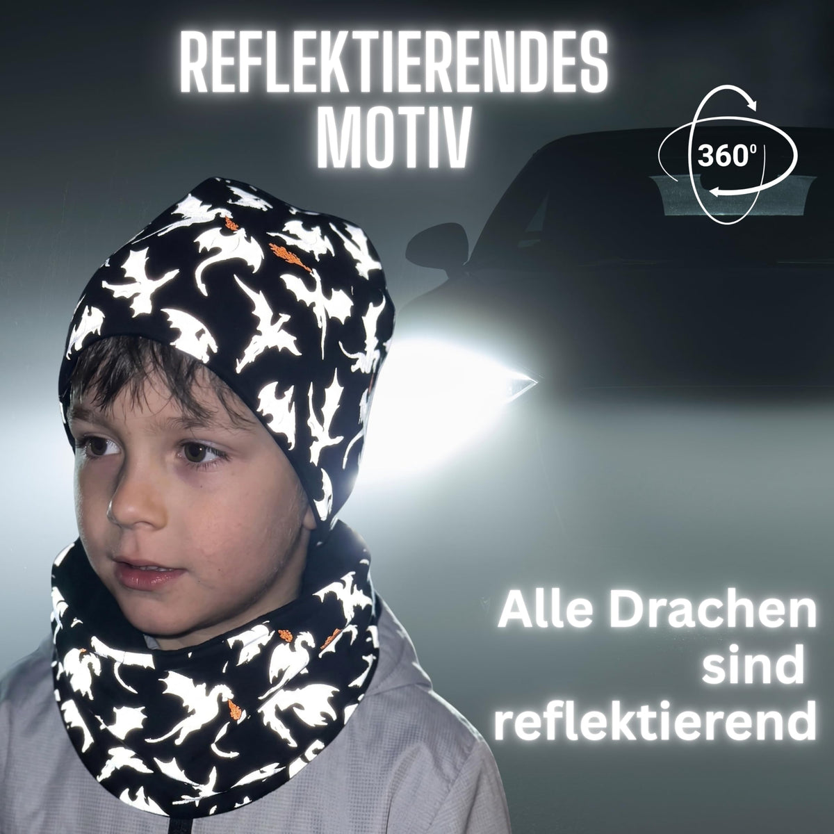 HECKBO 360° Reflektor Kinder Mütze & Loop Schal Set - 95% Baumwolle - weiches & pflegeleichtes Stretch-Material - Beanie Frühling Herbst Winter (48-54 cm)
